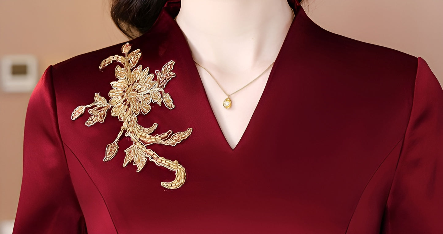 Red V-neck Elegant Banquet Dress
