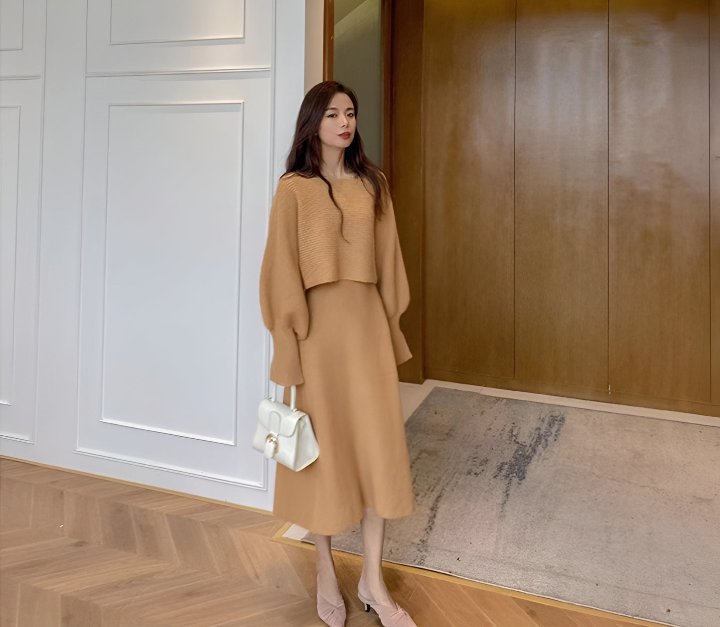 Knitted Raglan Shawl + Sleeveless Dress Two Pieces Set