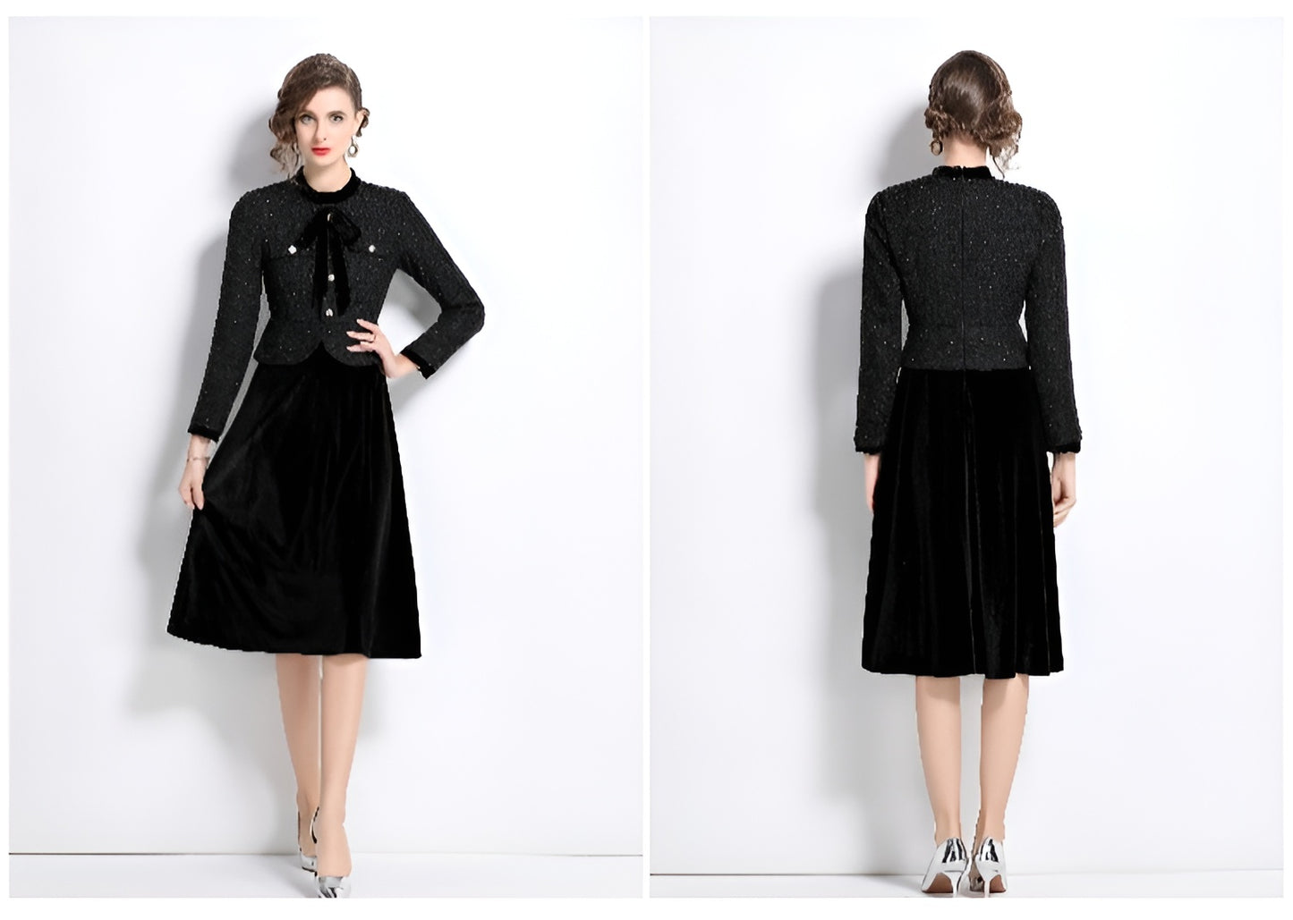 Black Fake Two Pieces Cotton Tweed Top Stitching Velvet Fashionable Dress