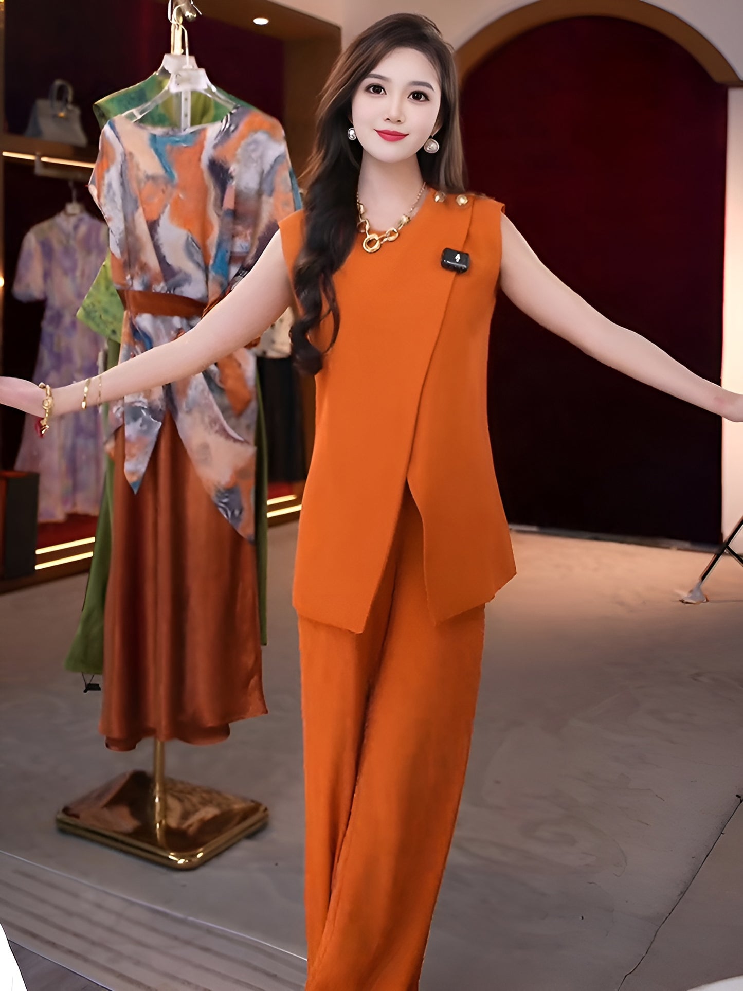 Orange Vest Top + Trousers Two Pieces Set
