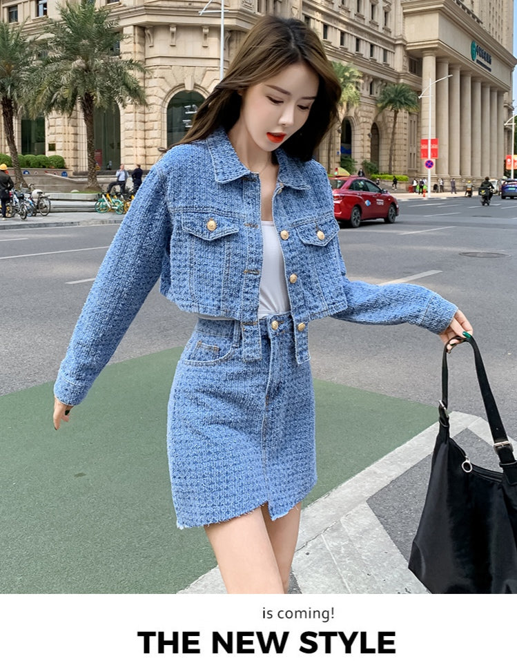 Blue Denim Jacket + Mini Skirt Two Pieces Set
