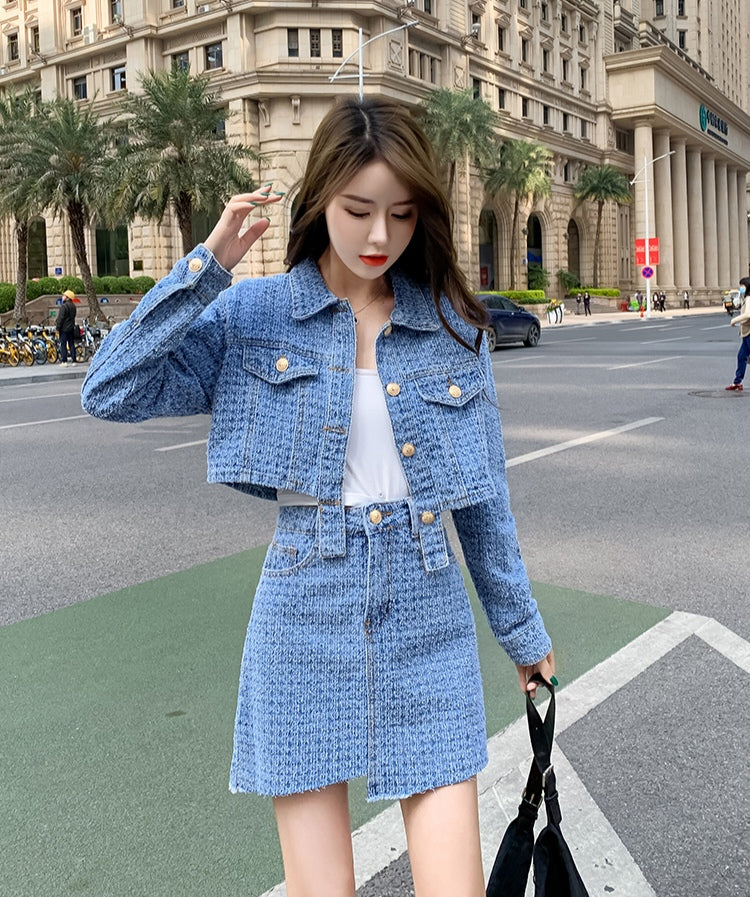 Blue Denim Jacket + Mini Skirt Two Pieces Set