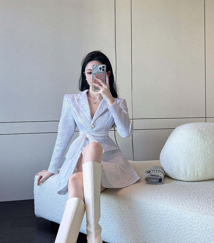 Silver Backless Lapel Long Sleeve Suit Dress