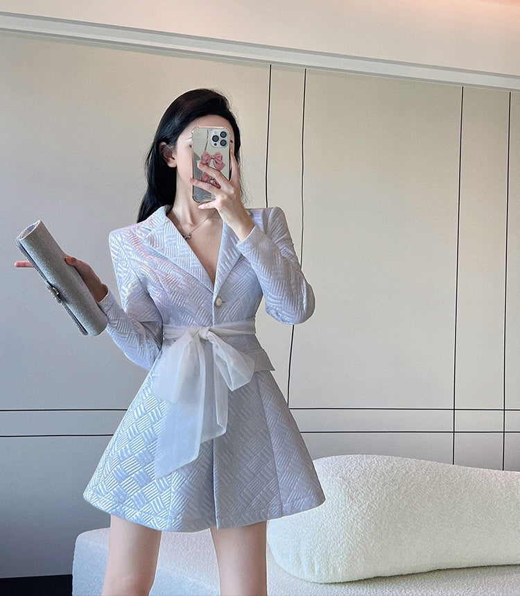 Silver Backless Lapel Long Sleeve Suit Dress