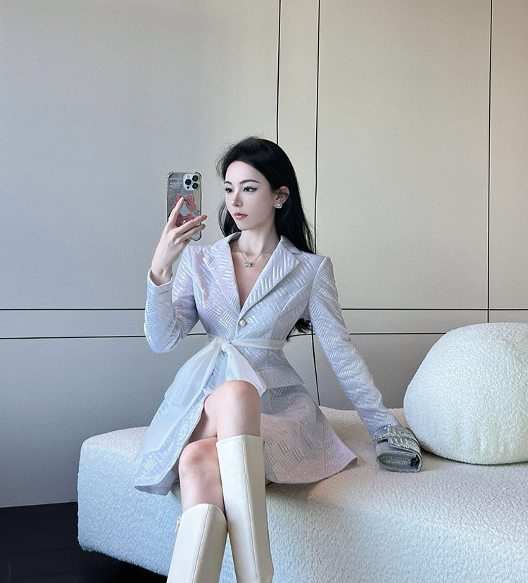 Silver Backless Lapel Long Sleeve Suit Dress