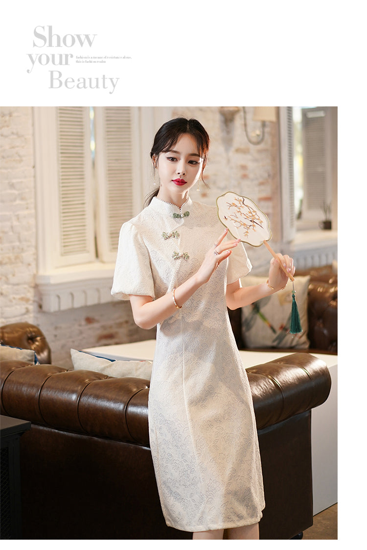 Off White Short-sleeved Cheongsam Lace Dress