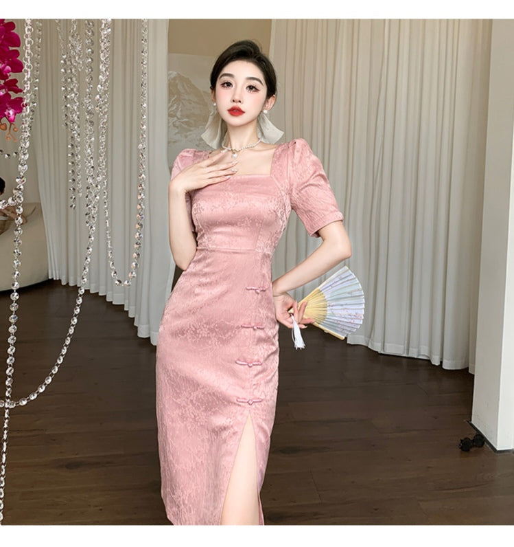 Elegant Square Collar Slit Dress