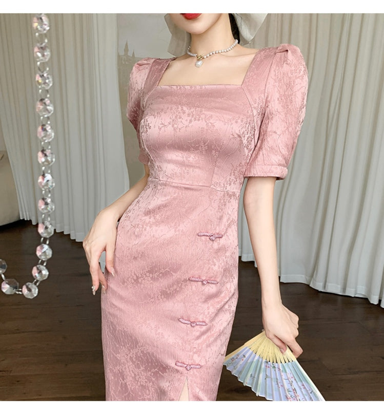 Elegant Square Collar Slit Dress
