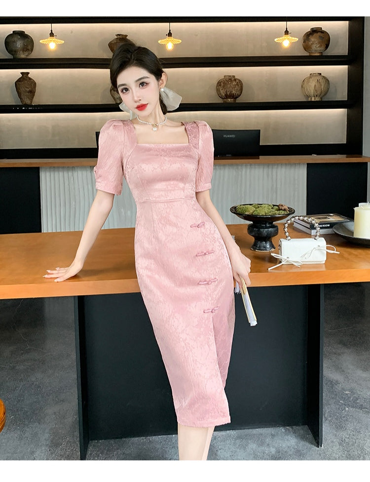 Elegant Square Collar Slit Dress