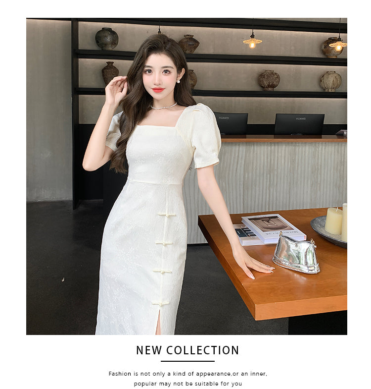 Elegant Square Collar Slit Dress