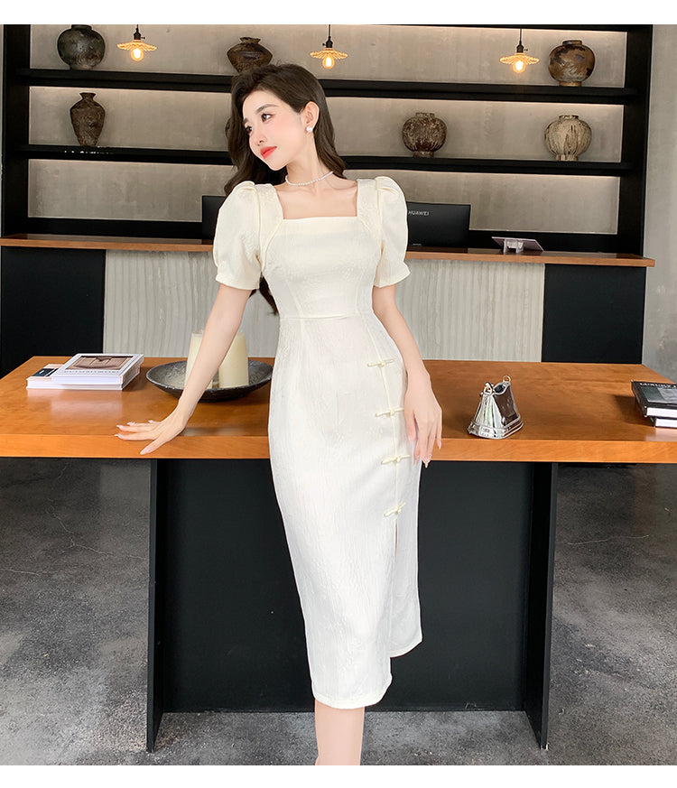 Elegant Square Collar Slit Dress