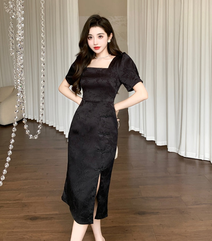 Elegant Square Collar Slit Dress