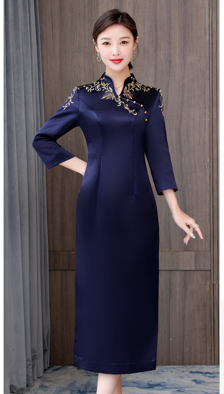 Embroidered Navy Blue Cheongsam Dress