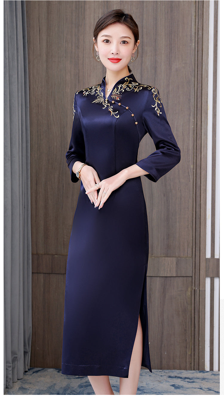 Embroidered Navy Blue Cheongsam Dress