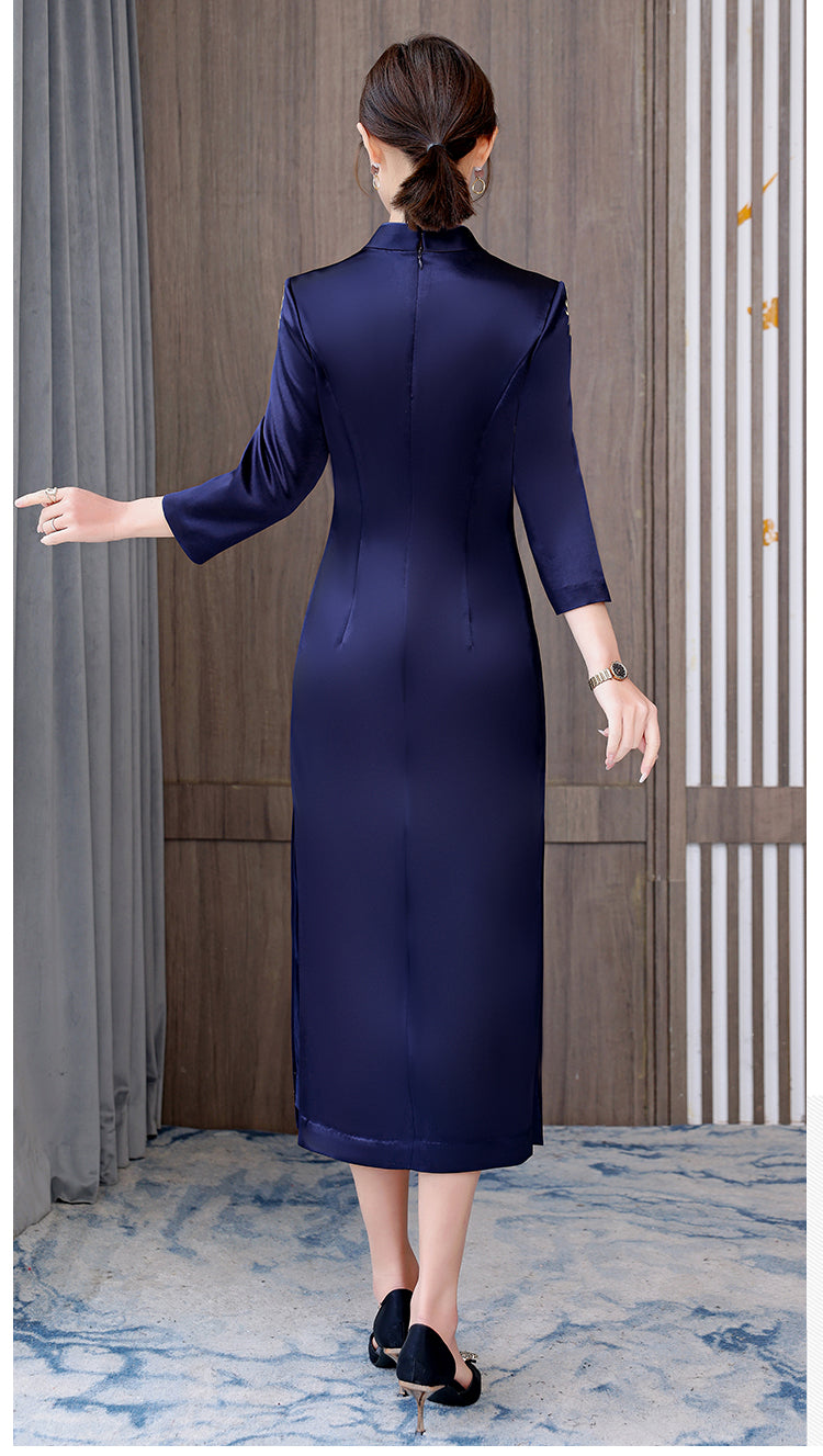 Embroidered Navy Blue Cheongsam Dress