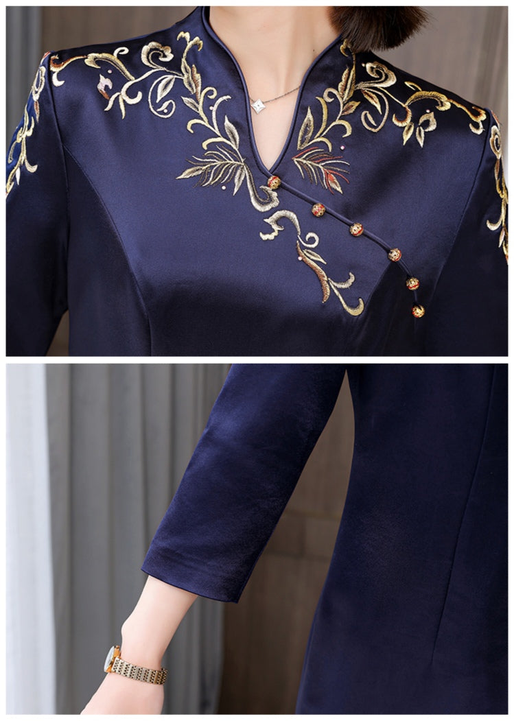 Embroidered Navy Blue Cheongsam Dress