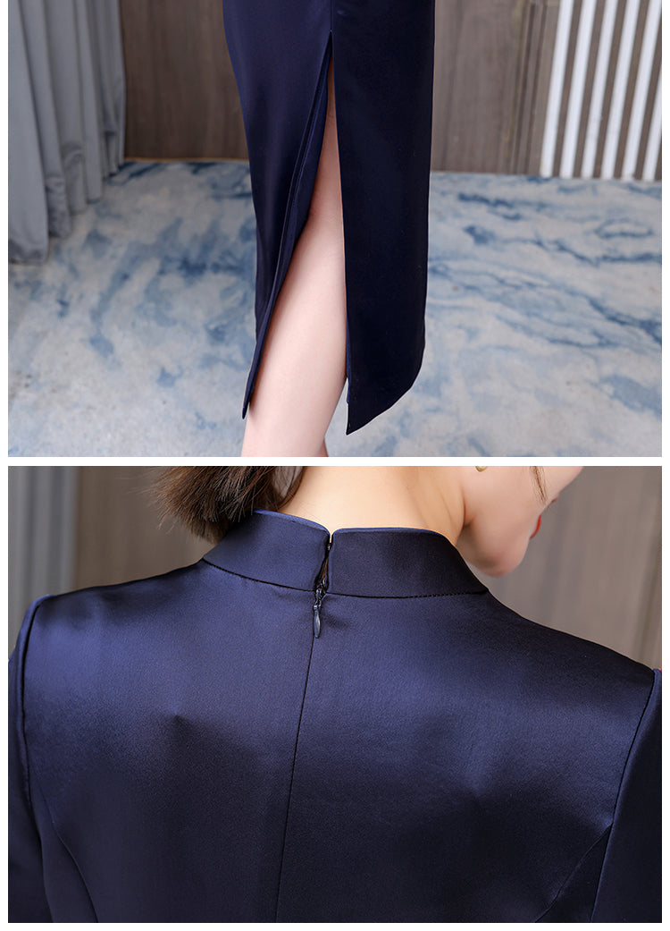 Embroidered Navy Blue Cheongsam Dress