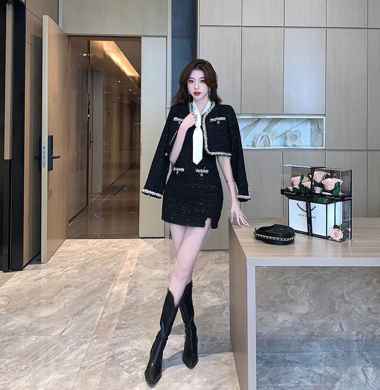 Black Tweed Mini Dress + Short Jacket Two Pieces Set