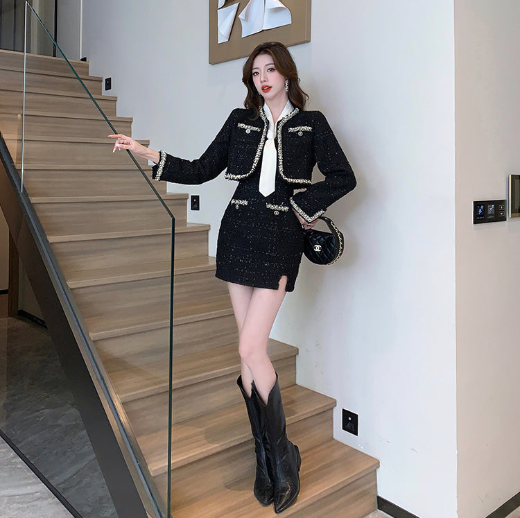 Black Tweed Mini Dress + Short Jacket Two Pieces Set