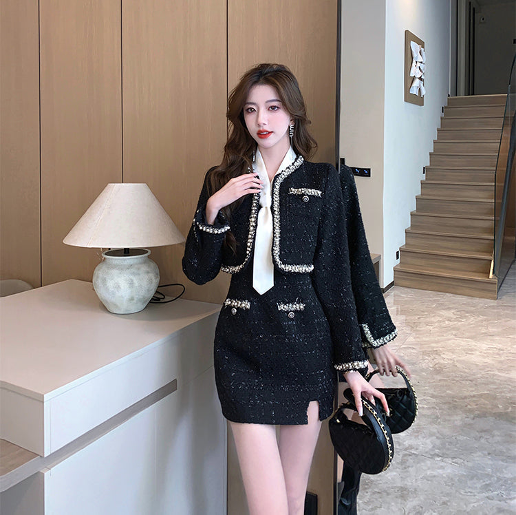 Black Tweed Mini Dress + Short Jacket Two Pieces Set