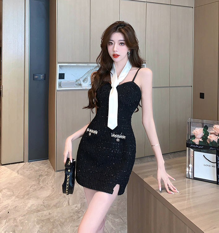 Black Tweed Mini Dress + Short Jacket Two Pieces Set
