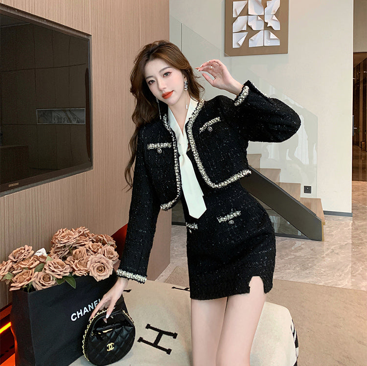 Black Tweed Mini Dress + Short Jacket Two Pieces Set