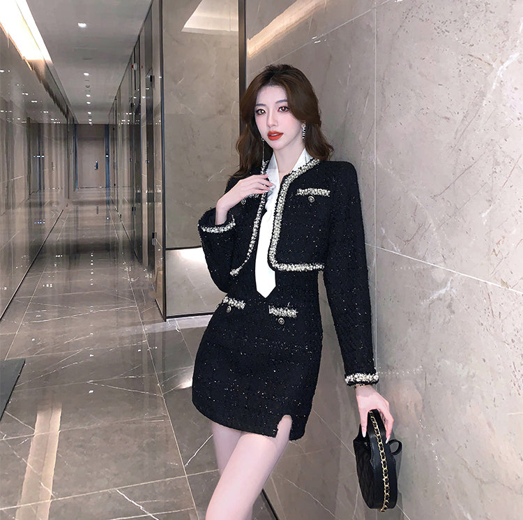 Black Tweed Mini Dress + Short Jacket Two Pieces Set