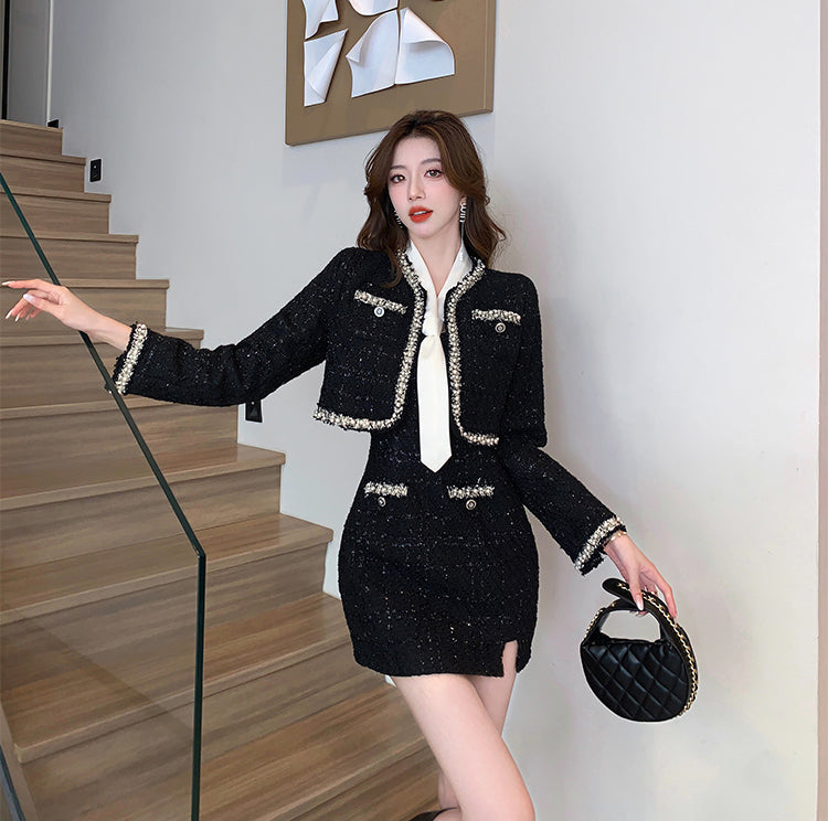 Black Tweed Mini Dress + Short Jacket Two Pieces Set