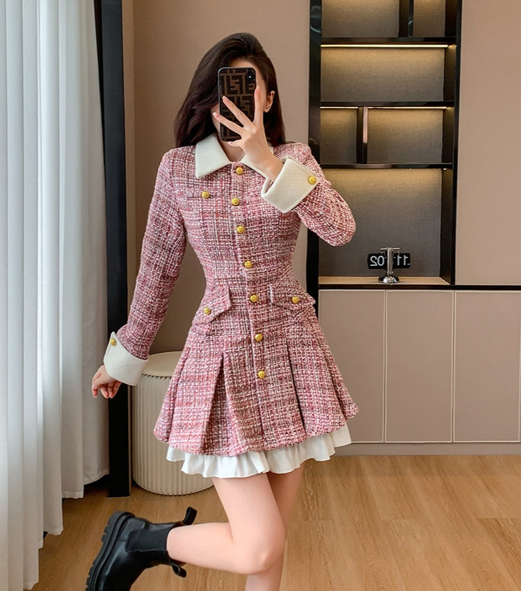 Elegant Pink Tweed Pleated Skirt Dress with Shirt Collar and Cuff Trim