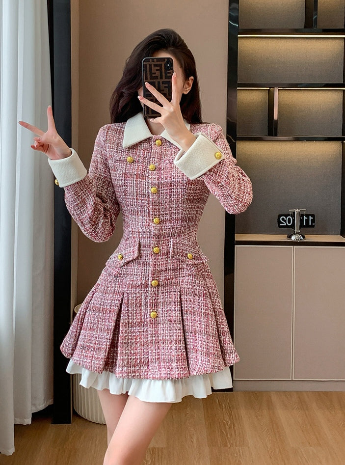 Elegant Pink Tweed Pleated Skirt Dress with Shirt Collar and Cuff Trim