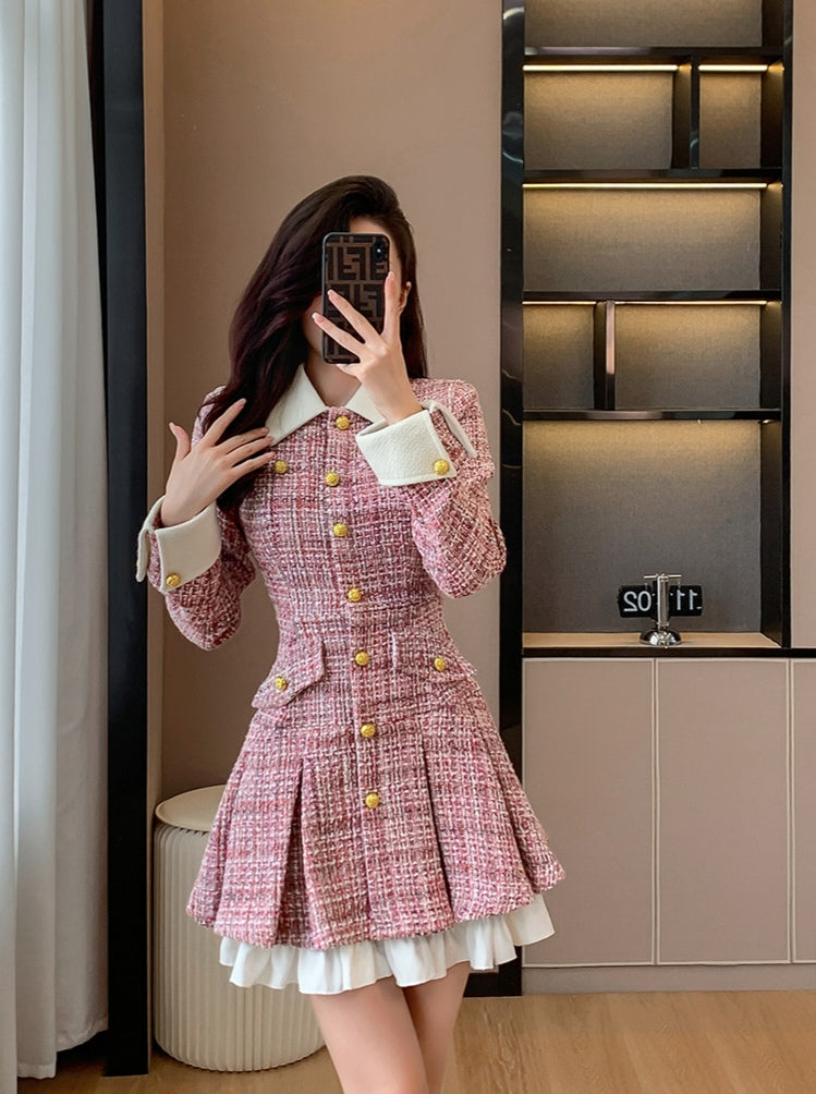 Elegant Pink Tweed Pleated Skirt Dress with Shirt Collar and Cuff Trim
