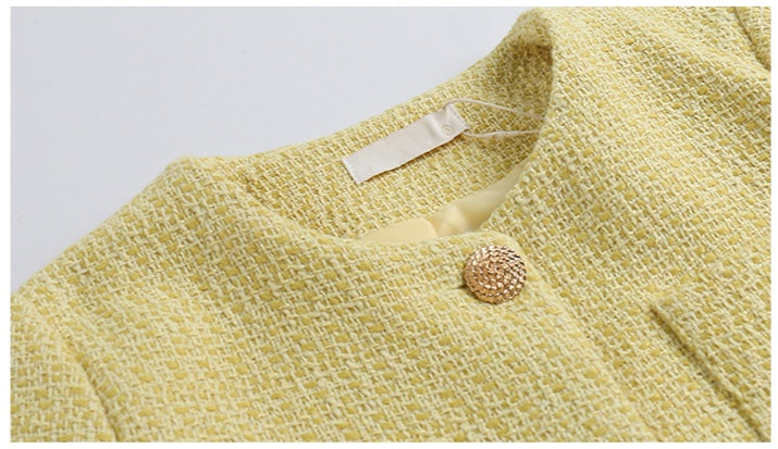 Chic Short Yellow Tweed Jacket - Ladies' Cropped Coat with Round Neck