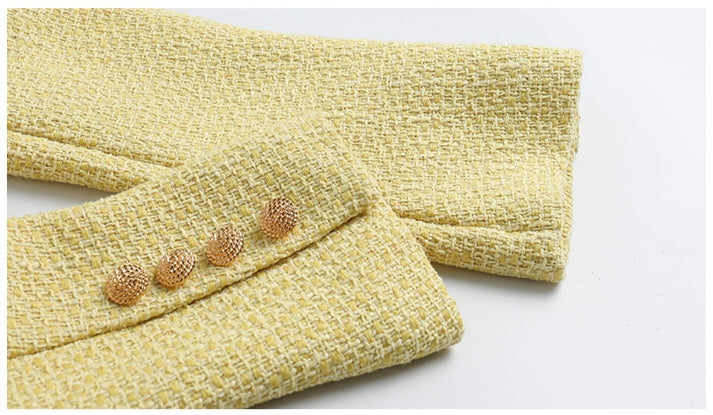 Chic Short Yellow Tweed Jacket - Ladies' Cropped Coat with Round Neck