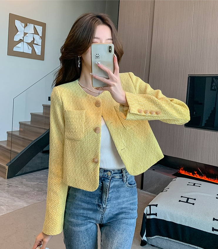 Chic Short Yellow Tweed Jacket - Ladies' Cropped Coat with Round Neck