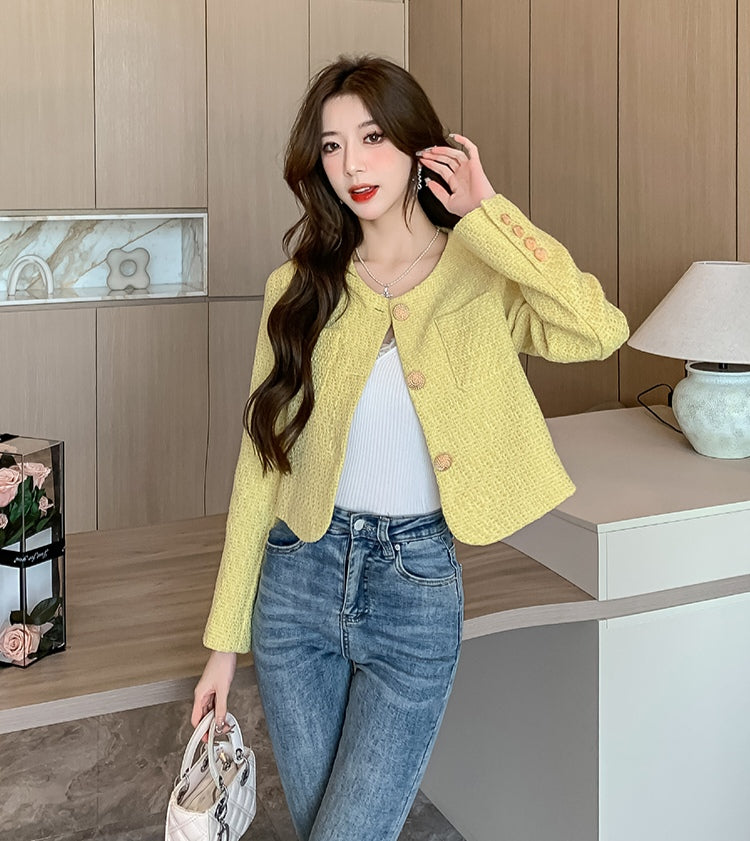 Chic Short Yellow Tweed Jacket - Ladies' Cropped Coat with Round Neck