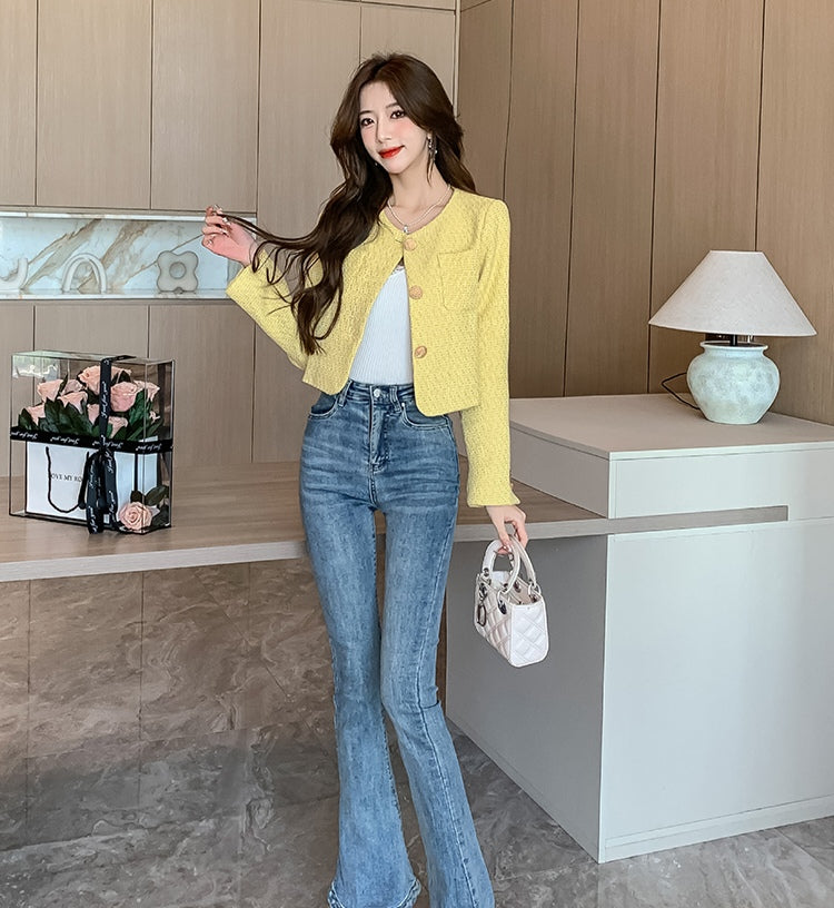 Chic Short Yellow Tweed Jacket - Ladies' Cropped Coat with Round Neck