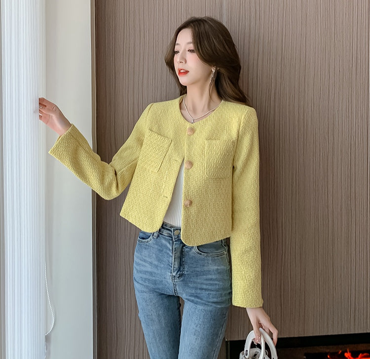 Chic Short Yellow Tweed Jacket - Ladies' Cropped Coat with Round Neck