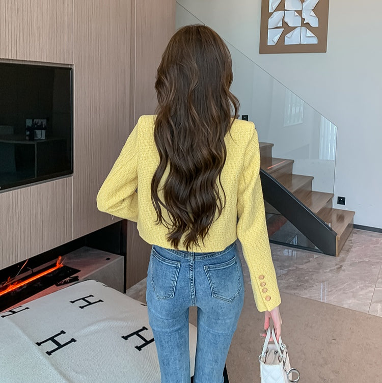 Chic Short Yellow Tweed Jacket - Ladies' Cropped Coat with Round Neck