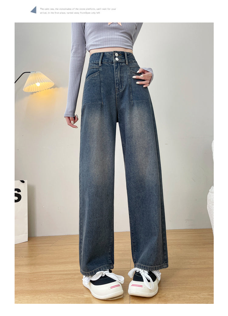 Dark Blue High-Waisted Wide Leg Jeans with Faded Wash for Women - Loose Fit Denim