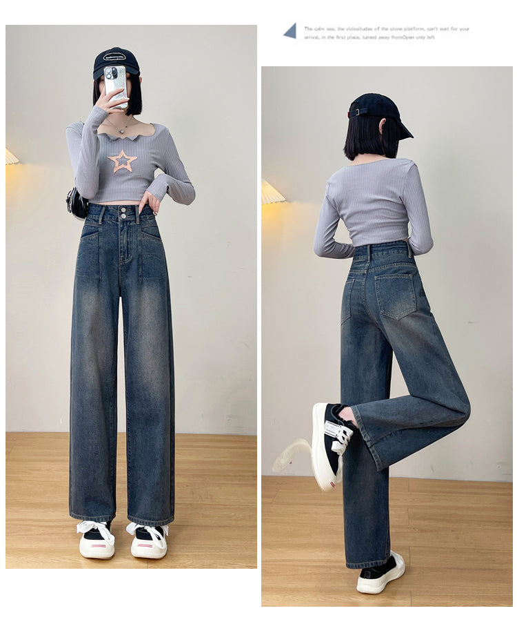 Dark Blue High-Waisted Wide Leg Jeans with Faded Wash for Women - Loose Fit Denim