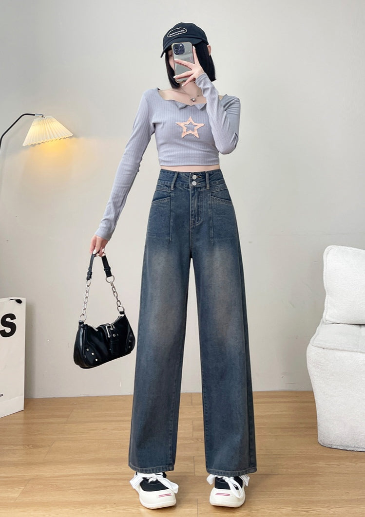 Dark Blue High-Waisted Wide Leg Jeans with Faded Wash for Women - Loose Fit Denim