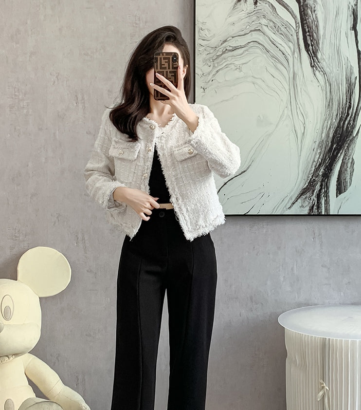 Bouclé Tweed Crop Jacket - French Style with Frayed Trim