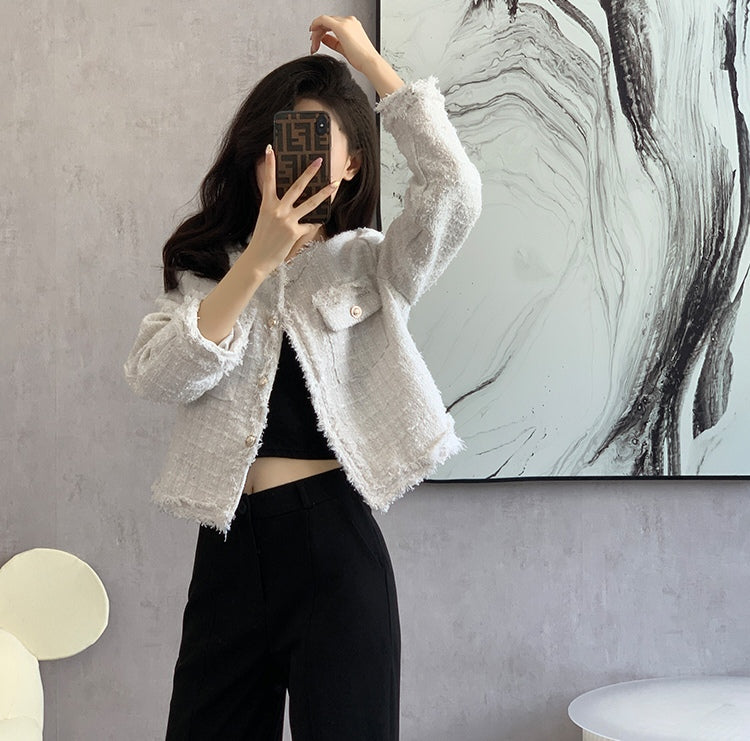 Bouclé Tweed Crop Jacket - French Style with Frayed Trim