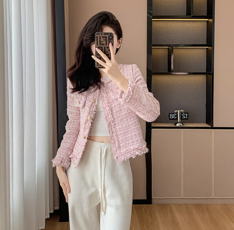 Bouclé Tweed Crop Jacket - French Style with Frayed Trim