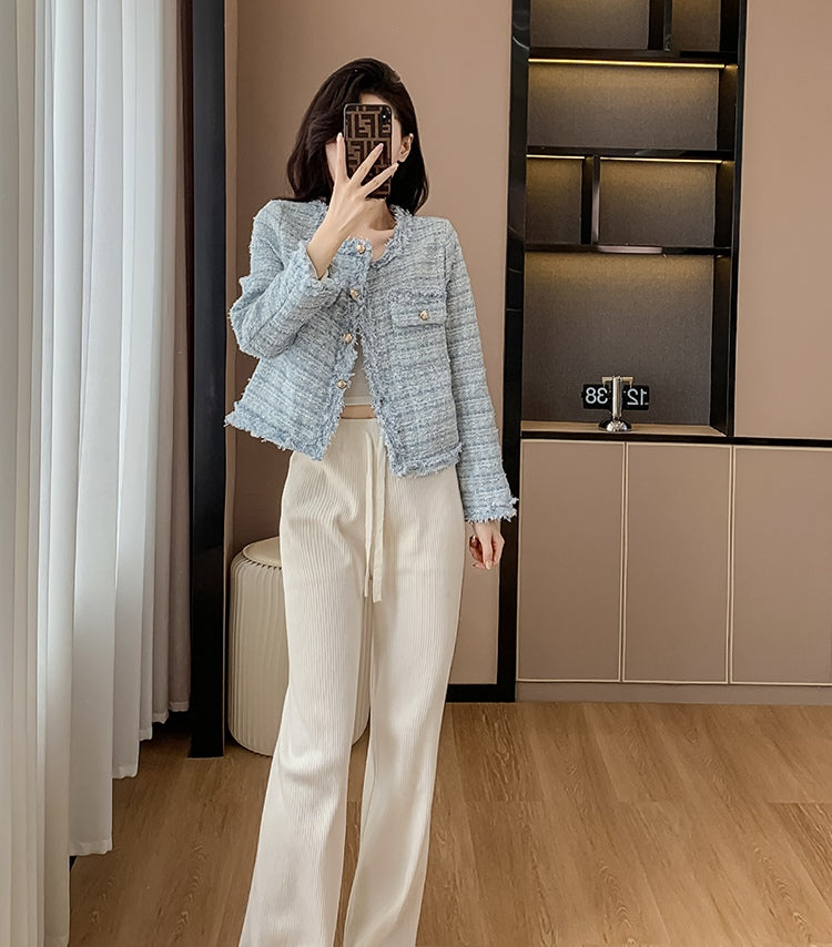 Bouclé Tweed Crop Jacket - French Style with Frayed Trim