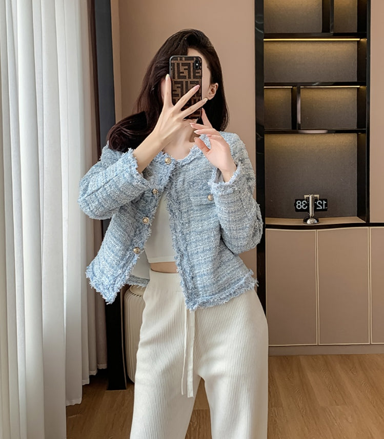 Bouclé Tweed Crop Jacket - French Style with Frayed Trim