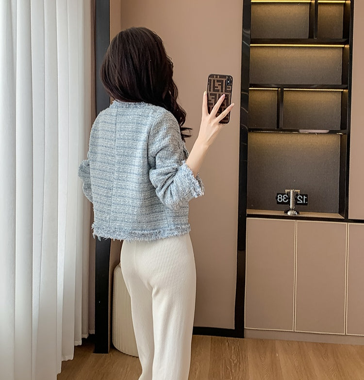 Bouclé Tweed Crop Jacket - French Style with Frayed Trim