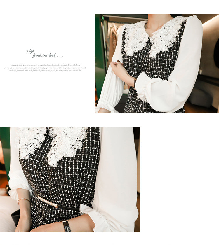 Black Plaid Patchwork Lace Collar Mini Dress