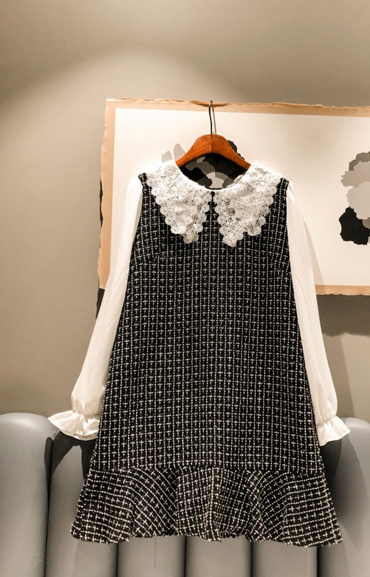 Black Plaid Patchwork Lace Collar Mini Dress