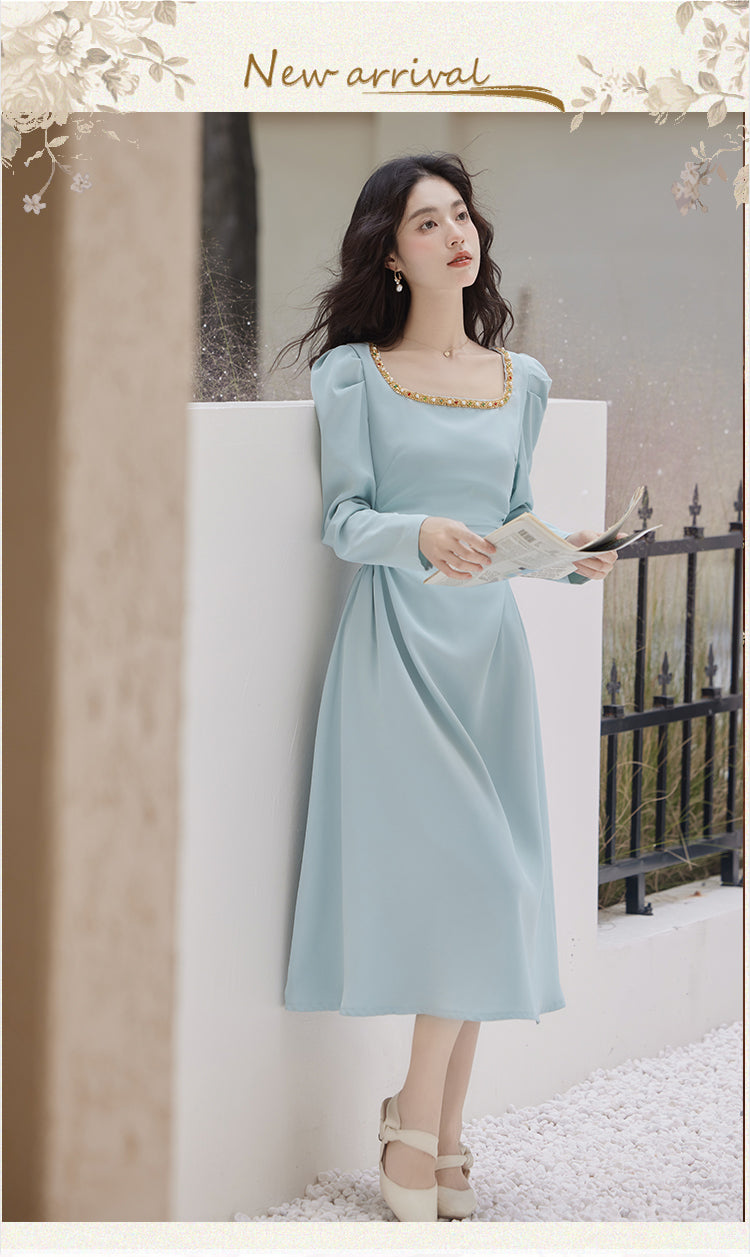 Beaded Square Neck Puff Sleeve Midi Dress